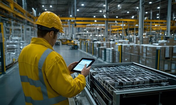 Warehouse worker checking inventory on a tablet computer in a factory