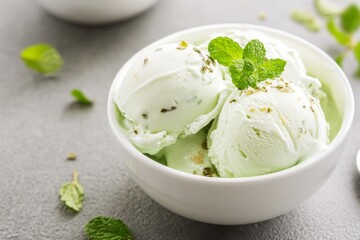 Mint ice cream scoops served in white bowl with mint leaves on pastel green background with soft light