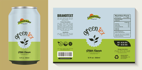 Elegant and minimalistic organic green tea can label with nature elements, and clean typography, eco-friendly ideal for sustainable product beverage packaging.