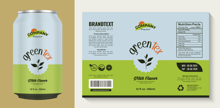 Elegant and minimalistic organic green tea can label with nature elements, and clean typography, eco-friendly ideal for sustainable product beverage packaging.