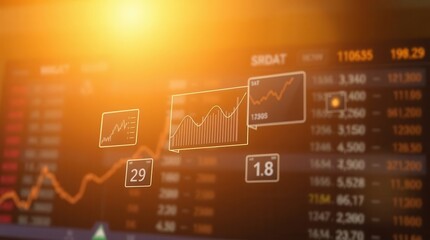 Abstract financial data display with line graphs and numeric values under bright orange lighting.