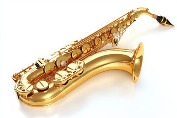 Shiny golden saxophone with ornate keys and reflective surface isolated on white background