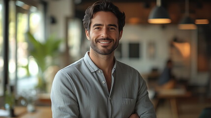 Fototapeta premium Cheerful man smiling in park setting