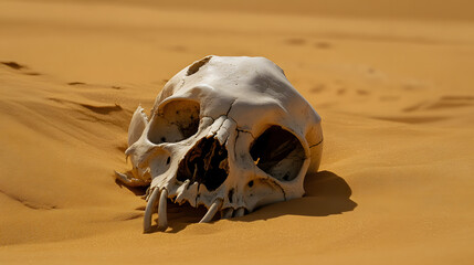 Obraz premium Weathered animal skull resting in the desert sands, showcasing the harsh beauty and desolation of the arid landscape. A stark reminder of life and death in nature.