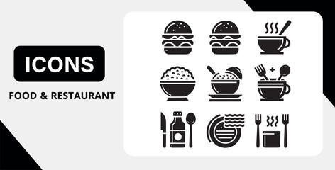 Set of black food and restaurant icons including burgers, soup, rice bowls, noodles, utensils, condiments, ideal for food delivery apps, restaurant branding, menu design, UI elements
