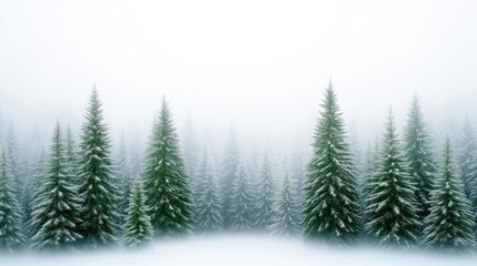 Fototapeta premium Green pine trees covered in light snow stand in a dense white winter fog.