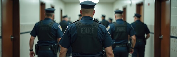Police officers walk down hallway. Uniformed cops in the building. Law enforcement teamwork in action. Authority figures security. Law and order. Justice system.