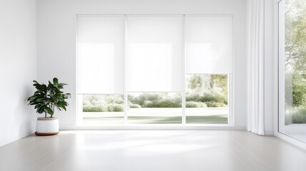 Fototapeta premium A potted plant sitting in a corner of a bright and airy minimalist room with large windows, modern interior design, natural light, and serene atmosphere.