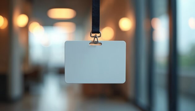 Blank white ID badge hanging lanyard against blurred office background. Identification card for security, access control, employees. Corporate event, conference, meeting, seminar. Blank template,