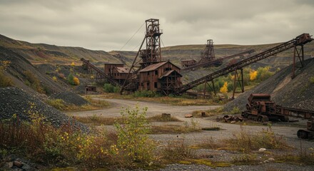 Abandoned Mining Site with Rusted Industrial Structures in Rocky Landscape