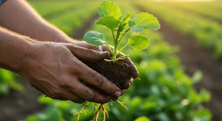 Naklejka premium Close-Up of Farmer’s Hands Holding Young Green Seedling with Roots on Agricultural Field at Sunrise - Concept of Sustainable Farming and Growth