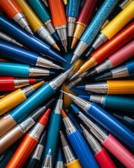 Fototapeta premium Colorful pens arranged in a vibrant circular pattern.