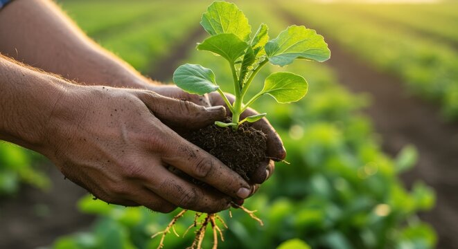 Close-Up of Farmer&rsquo;s Hands Holding Young Green Seedling with Roots on Agricultural Field at Sunrise - Concept of Sustainable Farming and Growth