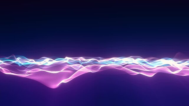 Neon light wave in good quality, dark blue background of glowing particles, atmospheric technological background, glowing neon, video 4k