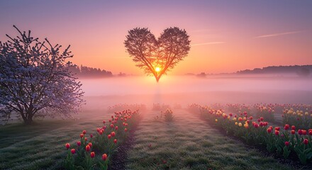 Sunrise Heart Tree: Misty Dawn, Blooming Tulips AI Generated