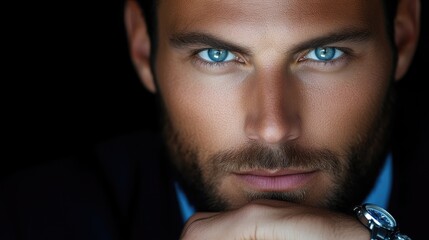 Close-up portrait of a man with intense gaze and striking blue eyes
