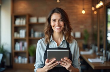 Smiling hairstylist holds pc tablet, making appointments at hair salon. Hairdresser books online new clients. Female pro in apron smiles at camera. Beauty business concept.