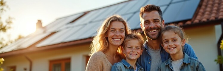 Happy family smiles in front of home. House with solar panels on rooftop represents green power concept. Father mother son daughter together, shows eco-friendly lifestyle. Sustainable energy, future