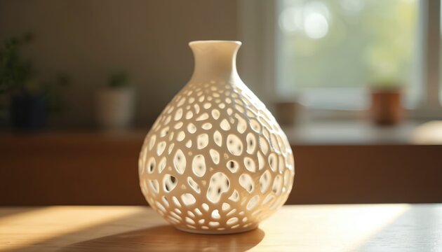 Modern, unique 3D printed white vase in light. Minimalist, geometric design, artistic, hollow ceramic decor. Stylish home interior piece on table. Contemporary art object.
