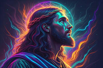 Jesus with crown of thorns in vibrant, colorful light on dark background, digital art.