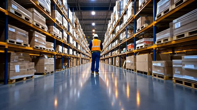 Warehouse leader in safety gear ensuring warehouse efficiency, illustrating logistics management, supply chain operations, workplace safety, productivity and industrial leadership