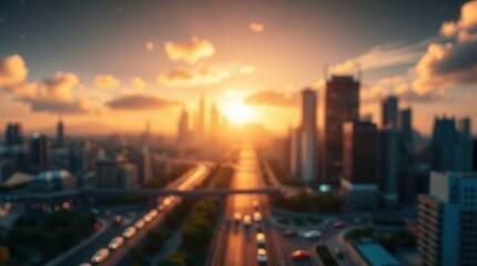 Fototapeta premium Cityscape bathed in golden light, traffic flowing smoothly, evoking serenity and urban sophistication.