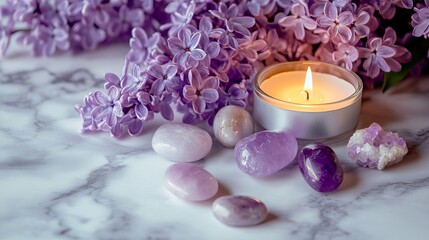 Obraz na płótnie Canvas Lilac flowers and amethyst crystals with candle light on marble background spa and wellness concept