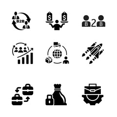 Icon set B2B solid icons collection.Containing Business, Markets, Transaction, Sub Components, Supply Chain, Sales, Raw Materials, Marketing, Advertising, Success, Strategy, stock illustation vector, 