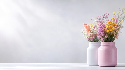 Fototapeta premium Two rustic jars filled with colorful wildflowers standing on a white surface, soft light background, and minimalist home decor arrangement.