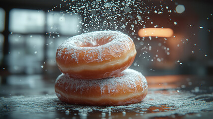 Delicious donuts with sugar powder falling food dessert bakery sweet treat glazed donut confectionery pastry