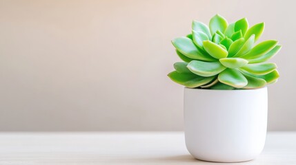 Succulent in a white pot.  A vibrant, healthy,  green succulent plant sits in a simple white pot, against a light beige background.  