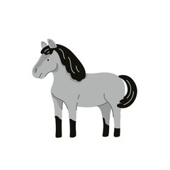 Gray cartoon horse, countryside scene. Flat vector illustration isolated on white background