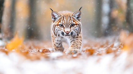 Fototapeta premium Bobcat in autumnal snowfall