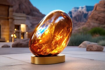 Ornate amber orb sculpture set on a golden base, illuminated with an inner glow, amidst desert scenery