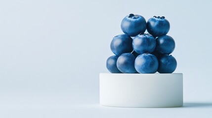 A stack of blueberries sits atop a small, white cylindrical platform. The image features a minimalist composition against a light blue background. The photo is high-quality, with even lighting. The