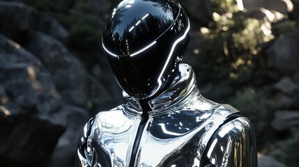 Futuristic figure in a glossy black helmet and silver suit standing outdoors in a forest setting