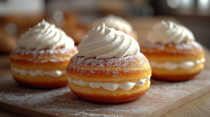 Cream filled donuts with powdered sugar for dessert bakery cafe food photography and delicious treats