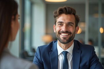 Fototapeta premium Title: Professional and Positive Job Interview: Close-Up of Happy Young Businessman Evaluating Candidate