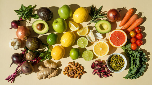 Flat Lay of Fresh and Colorful Fruits and Vegetables on a Light Yellow Background - Powered by Adobe
