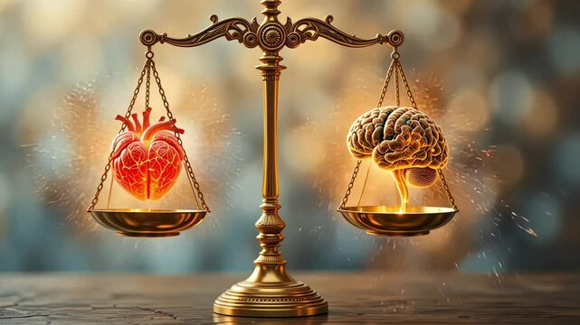 Balancing Emotions: Scales with a heart on one side and a brain on the other, symbolizing emotional and rational harmony	