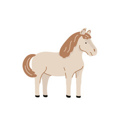 White cartoon horse, rural scene. Flat vector illustration isolated on white background