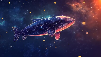 A cosmic whale swimming through a vibrant galaxy filled with colorful stars and planets - Powered by Adobe