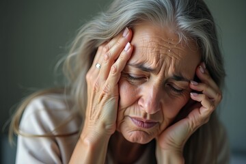 Fototapeta premium Close-up of elderly woman with long hair scratching her dandruff-covered scalp with discomfort.
