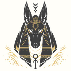 Stylized black and gold graphic illustration of Anubis, the ancient Egyptian jackal-headed god, on a white background. Minimalist mythological artwork with symbolic cultural and spiritual meaning.