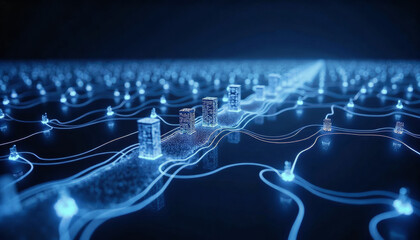 Fototapeta premium Trendy neo futurism 2025 ai design rendering: A futuristic cityscape emerges from a network of glowing blue lines and nodes, representing a digital infrastructure and advanced technology.