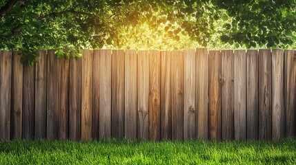 Fototapeta premium Backyard wooden fence with green grass and tree leaves in summer garden background for outdoor design