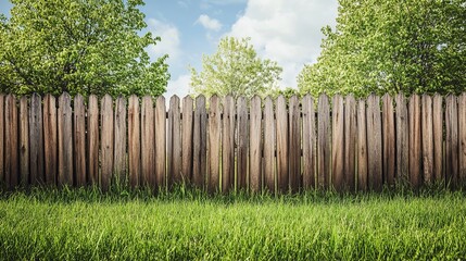 Fototapeta premium Rustic wooden fence in backyard garden with green grass and trees under blue sky landscape background