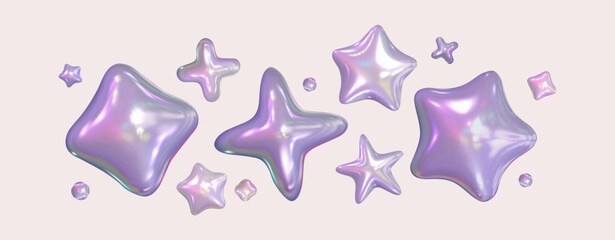 Iridescent Purple Stars.3d chrome set  holographic stars. Pearl fluid shapes.  Isolated silver abstract elements in y2k style and 90s design