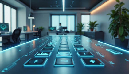 Trendy neo futurism 2025 ai design rendering: A futuristic office space features a large interactive table displaying digital code, with blurred workstations and a lone figure in the background sugg