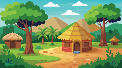 Village nature landscape scene with mud made hut and trees
